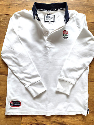 England Rugby Union Polo Shirt White Red Rose Official Jersey 9-10 Long Sleeved • 6.03€