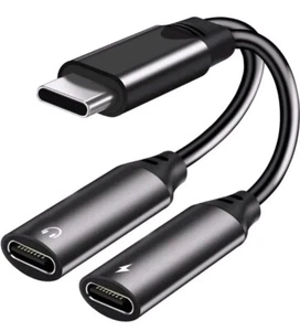 USB C Splitter Dual C Headphone Audio and Charge Adapter 60w Fast Charge Black - Picture 1 of 8