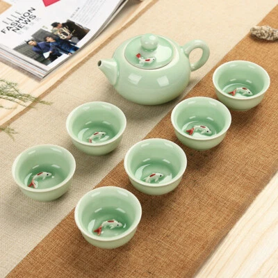 Chinese Porcelain Tea Set Fish Relief Ceramic Gaiwan Kungfu Tea Pot Pitcher Cups - Image 1 of 4