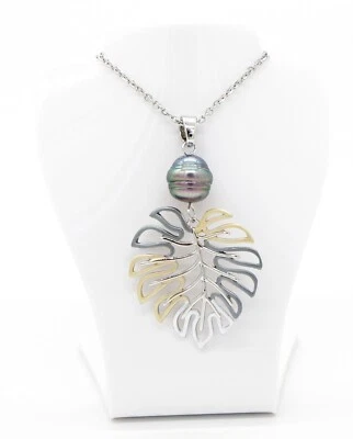 Stainless Steel Hawaiian Monstera Tri Color Leaf Freshwater Pearl Necklace - Image 1 of 2