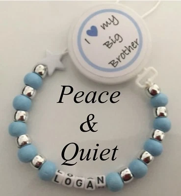 PEACE & QUIET Personalised Wooden Dummy Clip💙I love My Big Brother 💙Chain💙Blue💙boy💙 #BWP