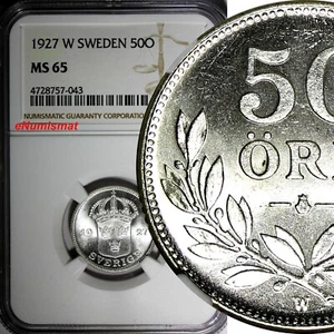 SWEDEN Gustaf V Silver 1927 W 50 Ore NGC MS65 1 GRADED HIGHEST SCARCE KM# 788(3) - Picture 1 of 4