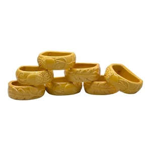 Set of 7 Autumn Theme Ceramic Napkin Rings Gold Yellow Fall Leaves Acorns - Picture 1 of 9