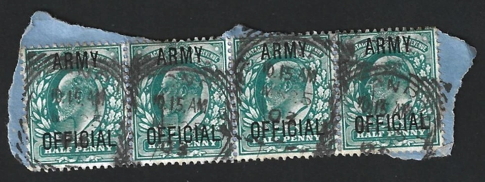GB ARMY OFFICIAL KEdVII 1902-03 1/2d used strip of 4 - Image 1 of 1
