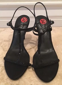 RALPH LAUREN Black Leather Satin Rhinestones Formal Evening Heels 10M NEW!!! - Picture 1 of 12