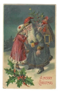 Vintage Christmas Postcard Santa Blue Robe with Red Hat Girl Whispering in Ear - Picture 1 of 2