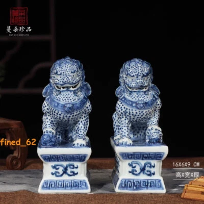 China Hand Painted Ceramic Blue and White Lions Statues Foo Dogs Guardian A Pair - Image 1 of 4