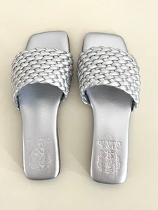Vince Camuto Leather Woven Square Toe Slide Sandals ,Arissa, Metallic Pewter 7 M - Picture 1 of 6