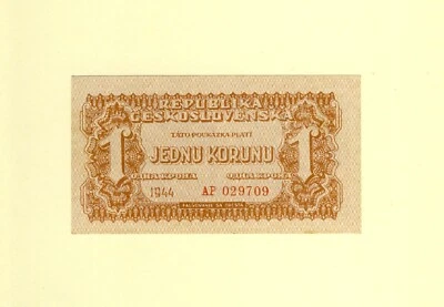 CZECHOSLOVAKIA 1 KORUNA 1944 P-45 UNC- REPUBLIKA CESKOSLOVENSKÁ Serial: AP - Image 1 of 2
