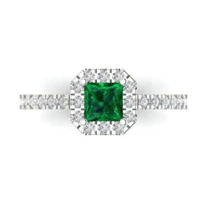0.89 cttw Halo Simulated Emerald Engagement Ring - 14K Solid Gold (White Gold) - Picture 1 of 11