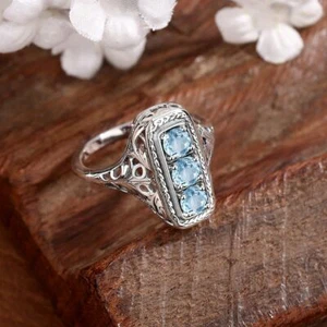 AQUAMARINE RING 925 STERLING SILVER CREATED BLUE STONES VINTAGE STYLE JEWELRY - Picture 1 of 8