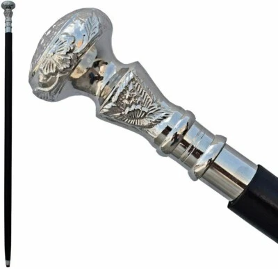 Bastón Disfraz Victoriano Negro Madera Latón Pulido Níquel Coleccionable Bastón Foto 1 de 4