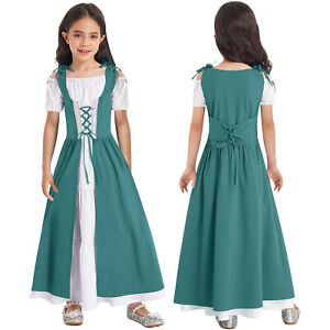 Kid Girl Medieval Costume Ball Gown Short Sleeve Lace-up High Waist Ruffle Dress