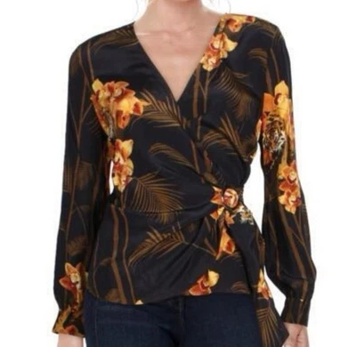 Ted Baker Black and Gold Floral 100% silk Wrap Blouse size small - Image 1 of 4