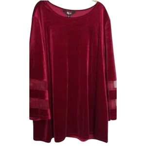 NWT Slim Factor women’s 1X deep crimson velvet top mesh insert 3/4 bell sleeves  - Picture 1 of 8