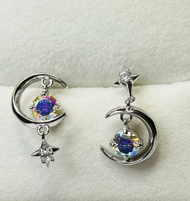 925 Sterling Silver 1 CTW Mystic Aura Moissanite A B Moon Star Stud Earrings - Image 1 of 4