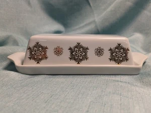 Winter/Christmas Holiday White W/ Gold Snowflakes Butter Dish/Lid Midnight Hour - Picture 1 of 13