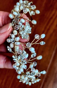 Rhinestone Beaded Gold-tone TIARA Headband Bridal Wedding Hair Vine Headpiece - Picture 1 of 8