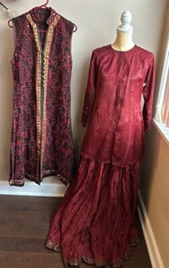 Womens 3 Piece Indian Lehenga Top Jacket Embroidered Sz M Wedding Burgundy - Picture 1 of 12