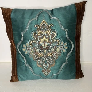 Turquoise Brown Embroidered Throw Pillow 17 X 17” - Picture 1 of 7