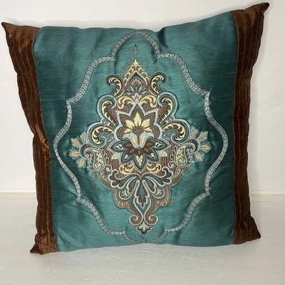 Turquoise Brown Embroidered Throw Pillow 17 X 17” - Image 1 of 4
