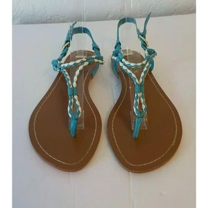 Lauren Ralph Lauren Ankle Strap Flat Thong Sandals Women 5.5B White Blue Buckle - Picture 1 of 10