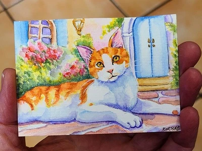 ACEO Original Gemälde OOAK - Sonnenbad - Katze - Bartshe - Bild 1 von 2