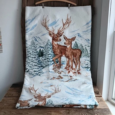 Vintage Deer Buck Blanket Throw Forest Winter Scene Retro Cabin Decor 73x88" - Image 1 of 4