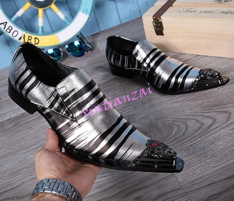 Hombres Puntera de Metal Punta Cuero Vestido Ropa de Club Zapatos Rayas Mocasines Británicos Talla Grande Foto 1 de 4