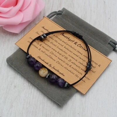 AMETHYST & CITRINE Bracelet Adjustable Crystal Healing Gemstone Handmade 8mm. - Image 1 of 4