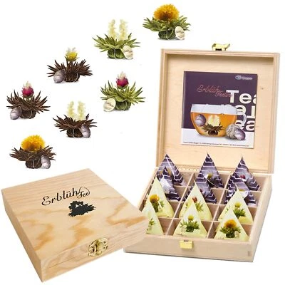 Teelini Teeblumen Geschenkset, 12 ErblühTeelini, Weißer & Schwarzer Tee, Holzbox - Bild 1 von 4