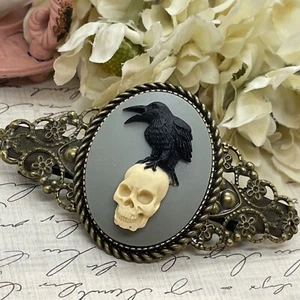 Gothic Punk Blue SKULL Black RAVEN Cameo Wedding Prom Pin Hair Clip Viking CROW - Picture 1 of 10