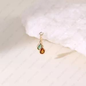 Originale Muschio Agata e Citrino Due Gocce Catena Esaltatore Cerchio, Oro 14k Staccabile - Foto 1 di 10