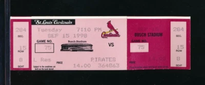 Sept 15 1998 Ticket Pirates @ Cardinals Deshields 4 hits Mcgwire 2B 2 RBI - Image 1 of 2
