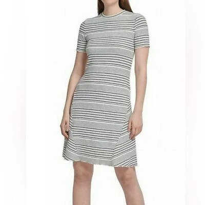 DKNY Black & White Striped Short Sleeve Crewneck Skater Mini Dress Size L NWT - Image 1 of 4