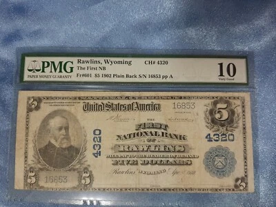 RARE 1902 $5 PLAIN BACK RAWLINS WYOMING   PMG 10 CH#4320 - Image 1 of 4