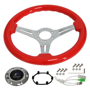 Universal 14" Wood Grain Steering Wheel 6 Bolts 1.75" Dish 3-Spoke Wood Red
