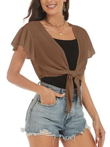 Women's Chiffon Cropped Bolero Sheer Shrugs for Dress Short Sleeve Tie Front ... - Picture 1 of 5