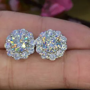 3.20Ct Round Cut Lab-Created Diamond Cluster Stud Earring 14K White Gold Plated - Picture 1 of 4