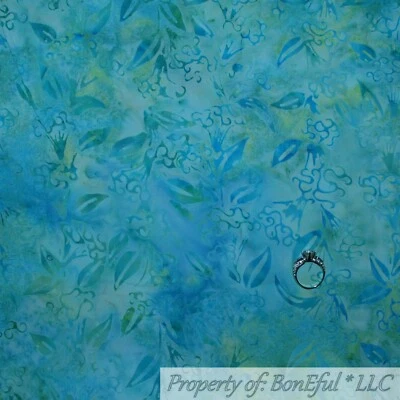 BonEful Fabric FQ Cotton Quilt Green Leaf Blue Aqua Water Color Flower Batik Dot - Image 1 of 4