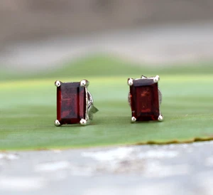 925 Sterling Silver Natural Mozambique Garnet 4x6 mm Octagon Cut Stud Earrings - Picture 1 of 10