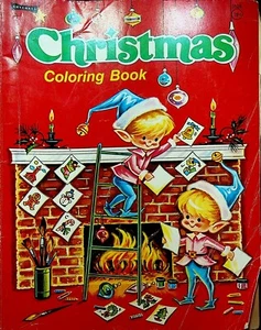 Christmas Coloring Book Artcraft #3526 Saalfield Elves Fireplace Ornaments - Picture 1 of 2