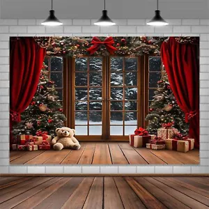 Winter Christmas Photography Backdrop Retro Xmas Tree Toy Wooden Window Red C... - Picture 1 of 6