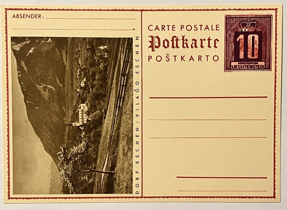 1930s FURSTENTUM LIECHTENSTEIN OVERPRINT UNUSED POSTAL CARD DORF ESCHEN VILLAGE - Image 1 of 4