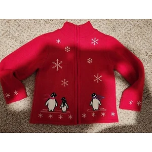 Girl's Green Dog Acrylic Zip Up Winter Penguin Cardigan Size 6 - Picture 1 of 8