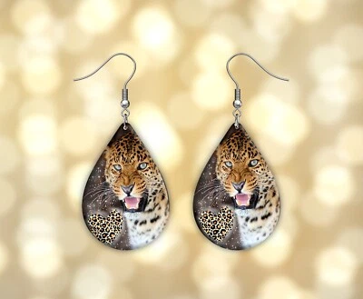 Pendientes colgantes de madera con estampado de lágrima con estampado de leopardo joyería Foto 1 de 4