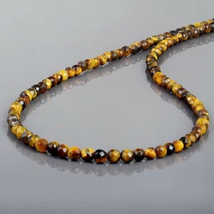 Handcrafted Natural Tiger Eye 4mm Round Beads Chain Silver Strand Necklace 18" - Picture 1 of 4