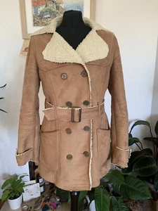Zara TRF braune Wildlederimitat Lammfell Gürtel Jacke Mantel zweireihig - Medium - Bild 1 von 14