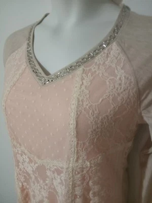JOLT Women's Medium Top Pink Tan 3/4 Sleeve Lace Overlay Pullover Beaded V-Neck  - Image 1 of 4