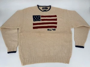 Vintage Polo Ralph Lauren 1998 98 amerikanische Flagge Wolle elfenbeinfarben Pullover strapazierfähig XL - Bild 1 von 9